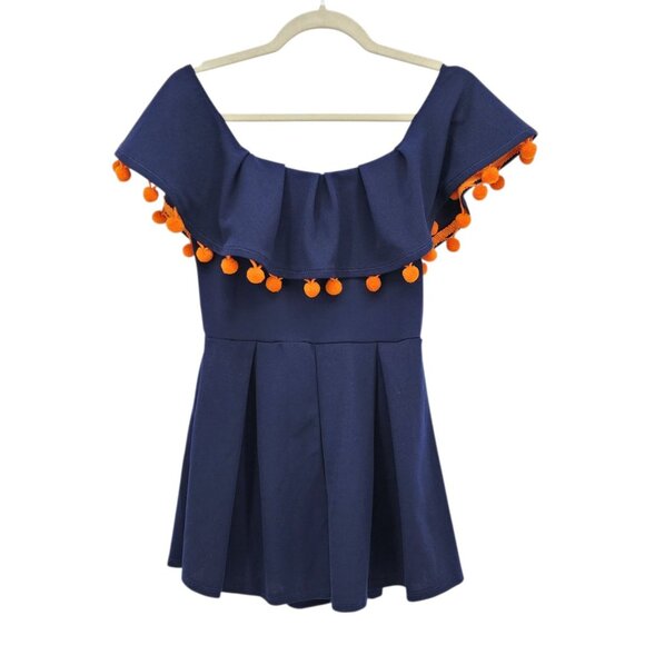 Game On Dresses Womens Small Romper Pleated Pom Pom Navy Blue Denver Broncos - Picture 6 of 6